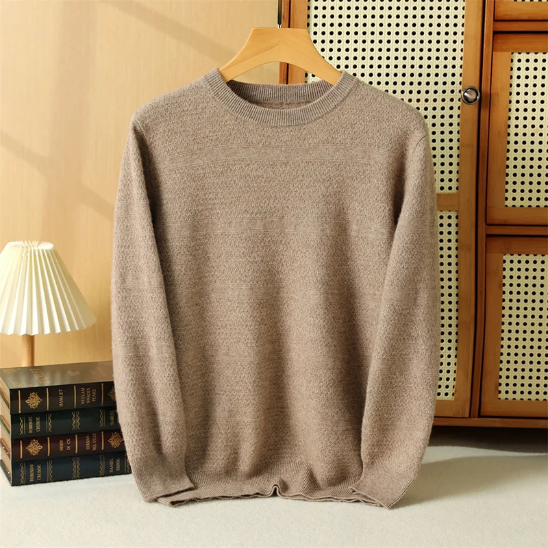 Men's High-end 100 Pure Cashmere Knitted Corrugated Round Neck Sweater Winter Warmth Pullover Solid Color Autumn Cold Top