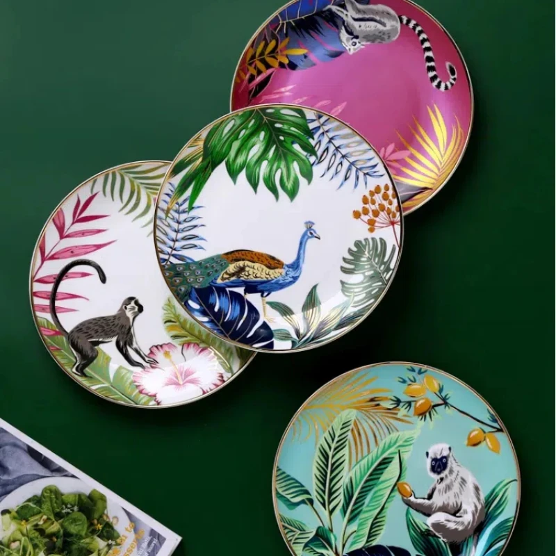 Forest Beast Tiger Pattern Tableware Ceramic Plate Bone Porcelain Gold Plated Western Porcelain Plate Tableware Set