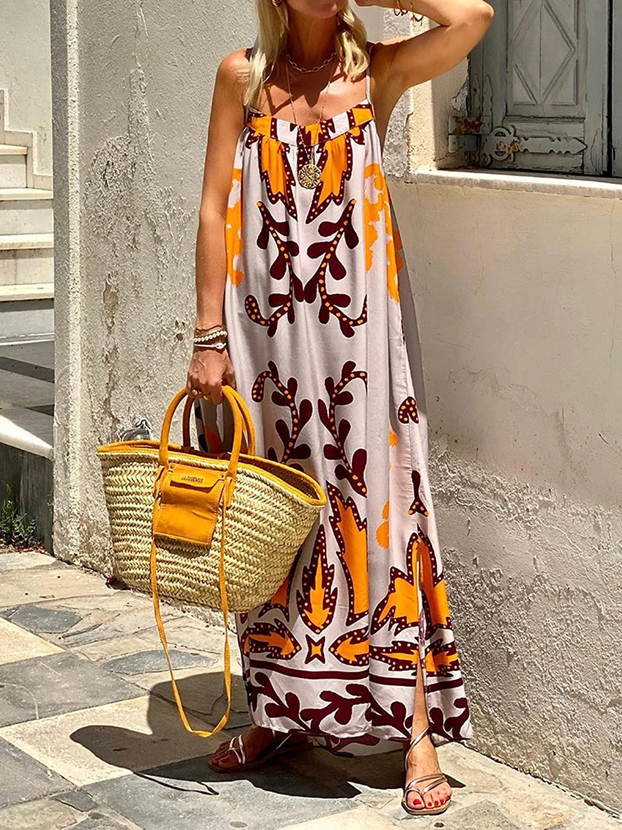 

Women Summer Fall Casual Maxi Dress Print Strap Sleeveless Going Out Cami Dress Loose Backless Holiday Dress