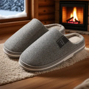 Men's Autumn Winter Cotton Slippers Couple Home Anti-slip Shoes Women Indoor Warm Plush Lightweight Durable for Daily Home Use 1