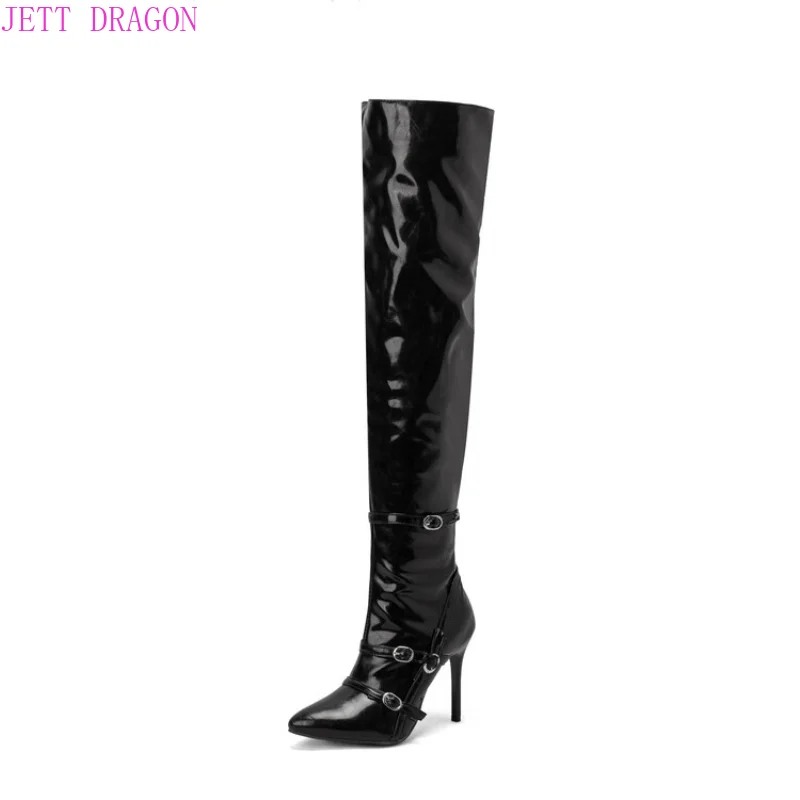 Women's Boots Autumn and Winter Fashion New Sexy Over-the-Knee Modern Boots Belt Buckle Pointed Toe High 10.5cm Plus Size 34-48