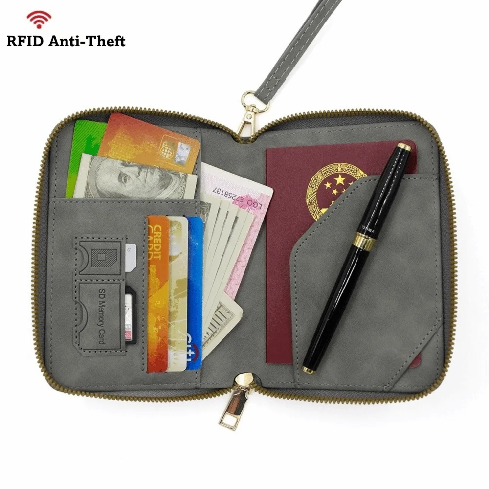 Versatile PU Leather RFID Passport Wallet with Secure Zipper Closure