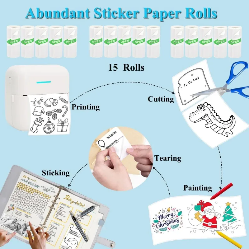 15 Rolls Mini Printer Sticker Paper, Thermal Sticker Paper Self-Adhesive, 57 x 25 mm, Halloween Christmas DIY Stickers for Kids