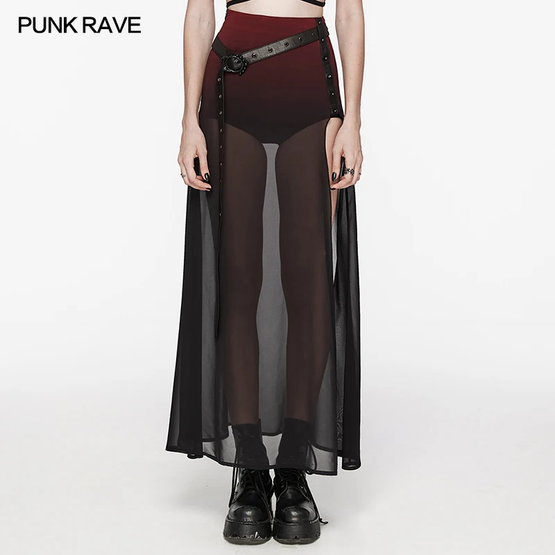 

PUNK RAVE Women's Gothic Daily Chiffon & Rubberized Knitted Skirt Daily Perspective High Slit A-line Long Skirts Summer