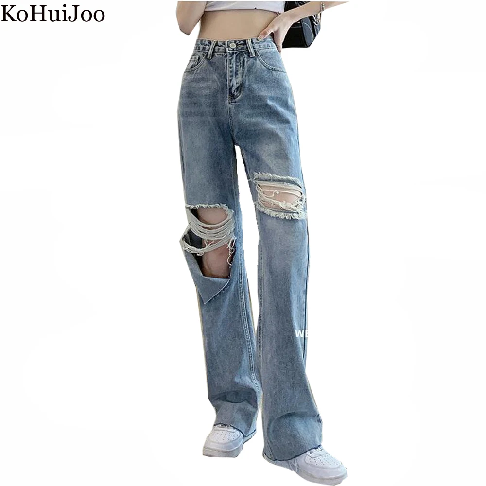 

KoHuiJoo Hole High Waist Jeans Woman 2022 Summer Personality Casual Fashion Straight Loose Denim Trousers Mopping Pants