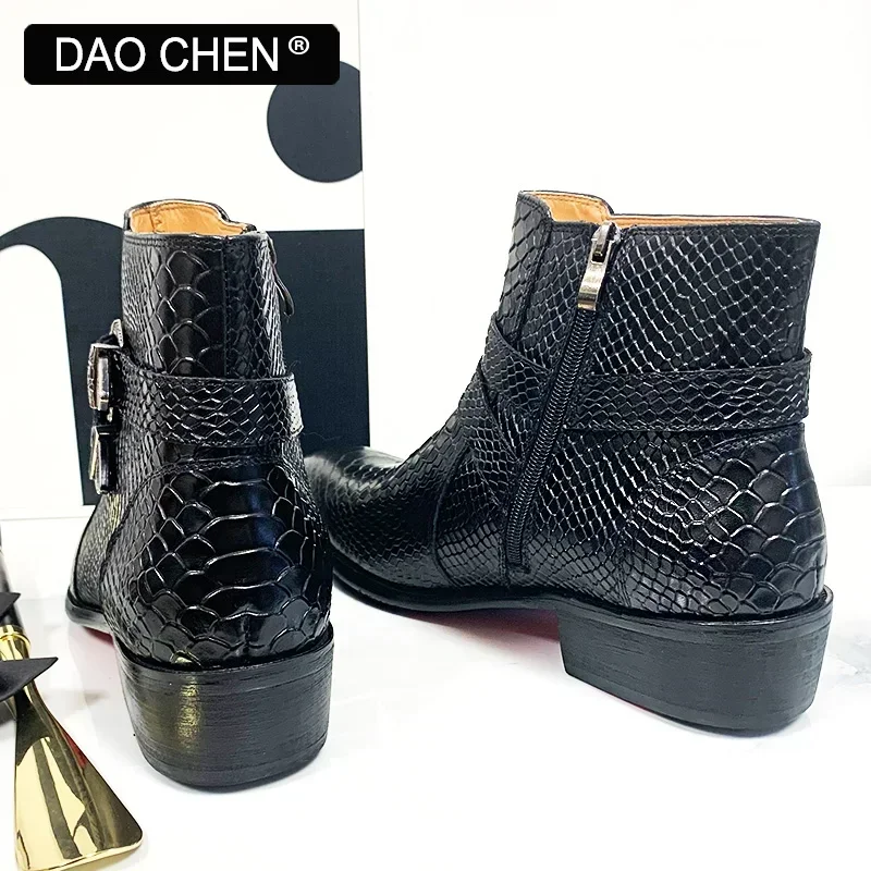 LUXURY DESIGNER MEN ANKLE BOOTS SHOE COFFEE BLACK SNAKE PRINT BUCKLE STRAP CASUAL DRESS SHOES GENUINE LEATHER BOOTS MEN