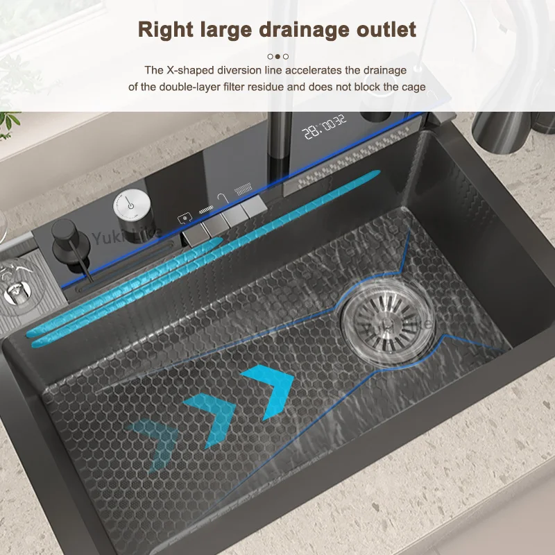Stainless Steel Waterfall Sink Kitchen Large Single Slot Integrated Digital Display Faucet Set Embossed Wash Basin 3