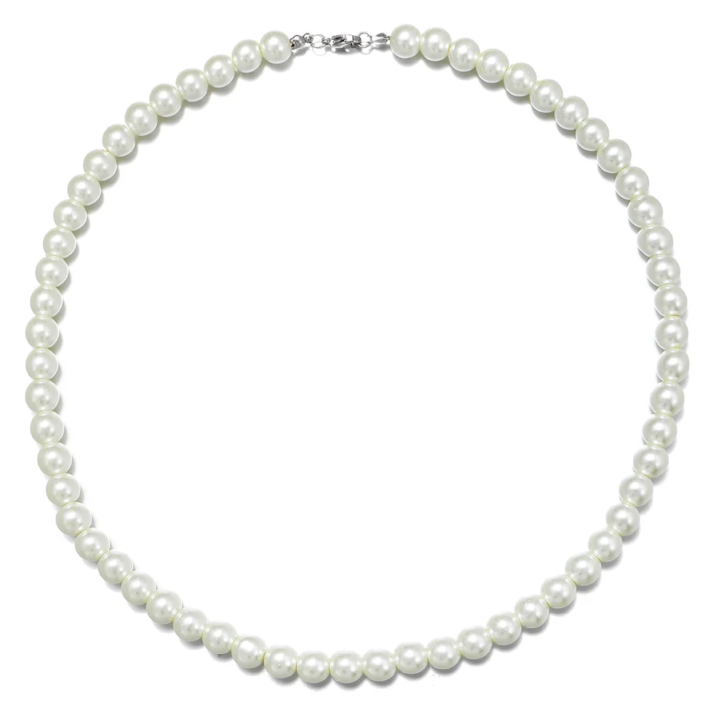 Collana Di Perle Finte Uomo Donna 6/8 Mm, Girocollo Bianco In Vetro Con Chiusura In Acciaio Inox, Lunghezza 40-60 Cm