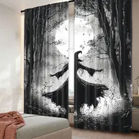 2Pcs Halloween Forest Curtain Horrible Foggy Full Moon Witch Silhouette Gothic Halloween Night Scene Bedroom Bathroom Decor 1
