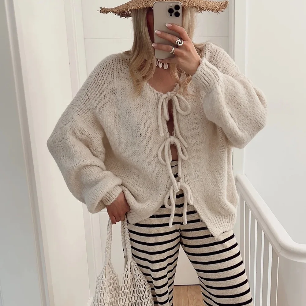 2025 Autumn Women Lace up Cardigans Sweater Fashion Loose O-neck Long Sleeve Open Stitch Sweater Coat Female Knitting Jacket