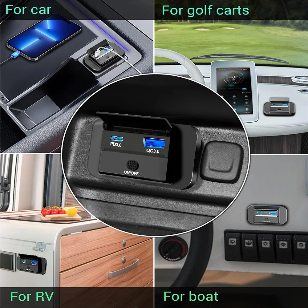 12V RV 타입 C USB 콘센트 (전원 스위치 포함) 36W QC3.0 USB 55W PD 타입 C 고속 충전 소켓 (오토바이용 방수 커버 포함)