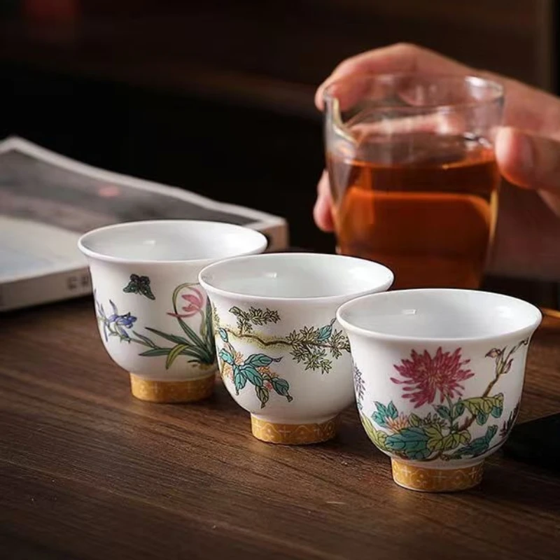 Kung Fu Tea Cup Twelve Flower Gods Set Enamel Pastel Ceramics 12 Pieces Gift Box Host’s Ceramics & Pottery Chinese Teaware Bar