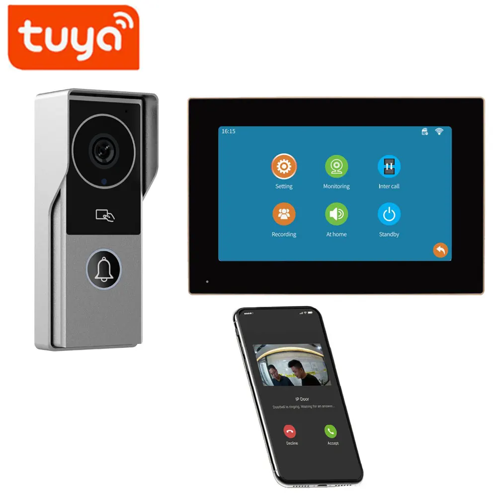 TUYA Wireless Wifi Video Doorbell 1080P 10 Inch 7 Color Touch Screen Smart APP Home Intercom Kit for RFID Access Control System 2