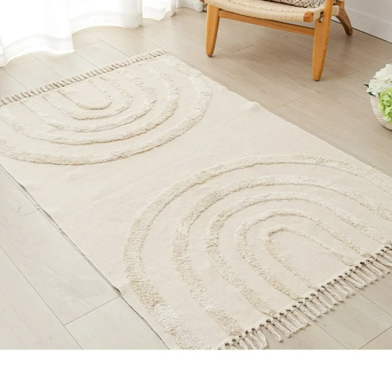 Nordic Cotton Linen Rug Modern Geometric Rainbow Living Room Carpet Bedroom Bedside Floor Door Mat Aesthetic Home Decor 2
