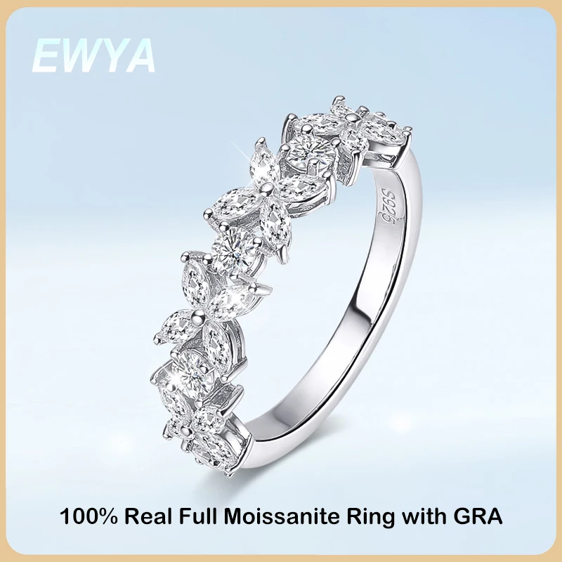 

EWYA Luxury Clover D Color Moissanite Diamond Row Ring For Women S925 Silver Plated 18K Wedding Band Half/Full Eternity Rings