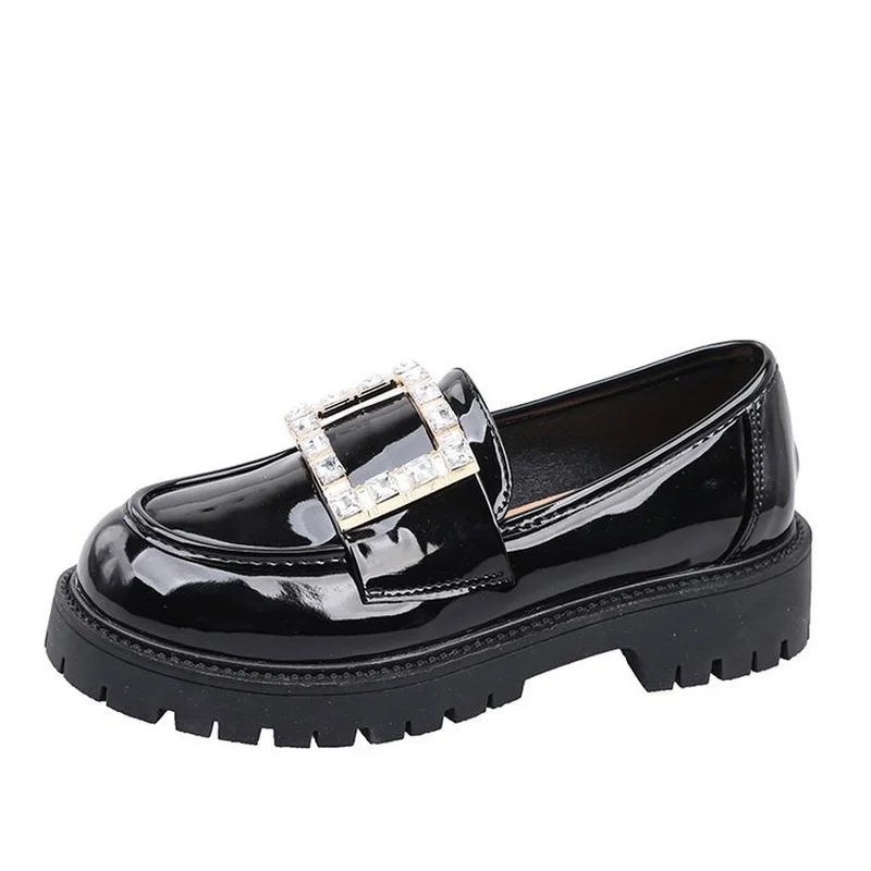 Brand square buckle rhinestone women shoes 2022 spring summer Pop fashion  thick-soled loafers British style small leather shoes