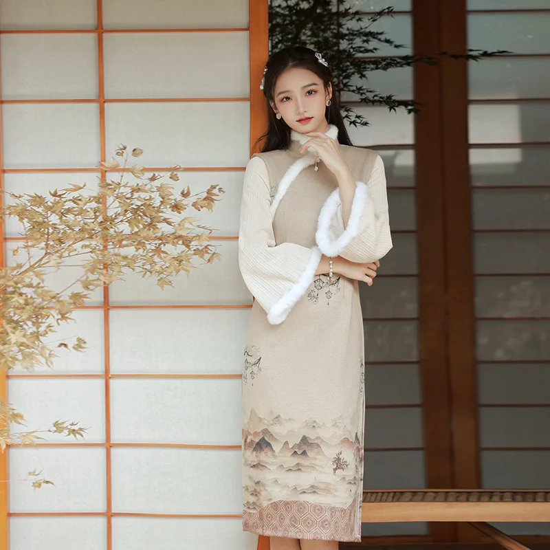 

Winter 2022 Fur Collar Thickened Improved Cheongsam Large Sleeves Elegant Dignified Girls Qipao Chinese Vintage Dress for Women