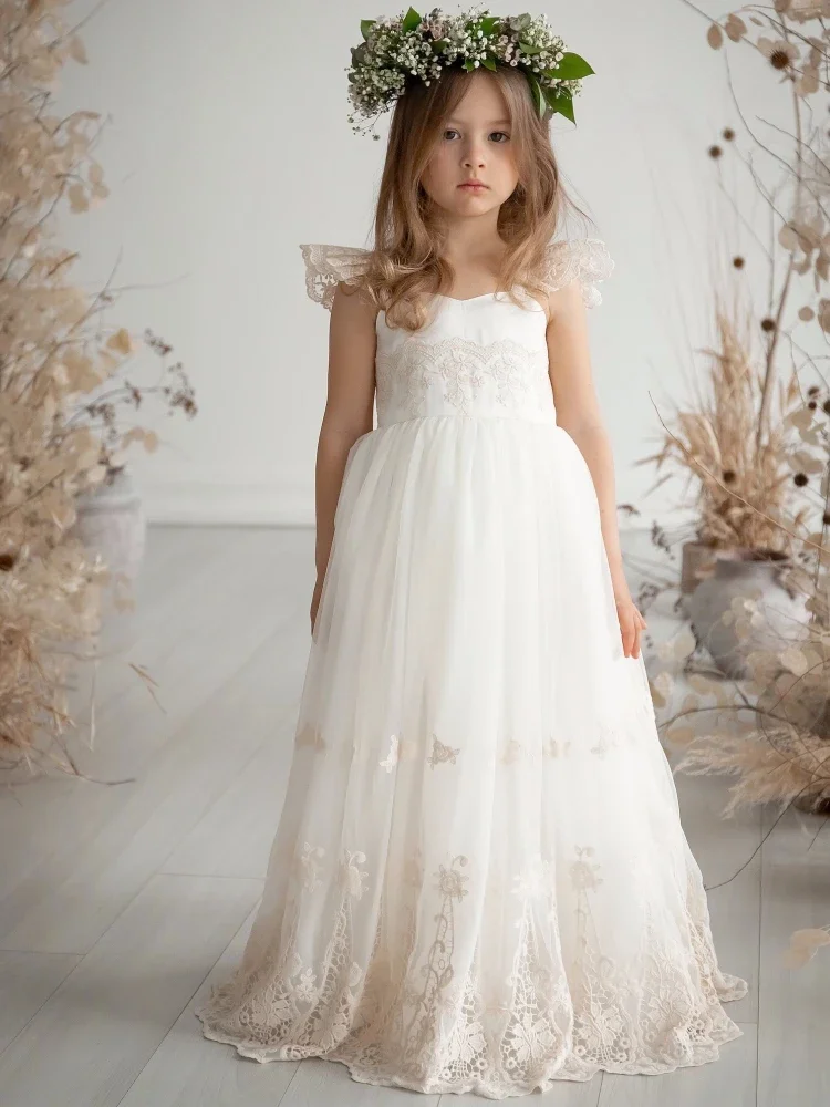 

Flower Girl Dresses White Tulle Ivory Lace Appliques With Bow Short Sleeve For Wedding Birthday Party Banquet Princess Gowns