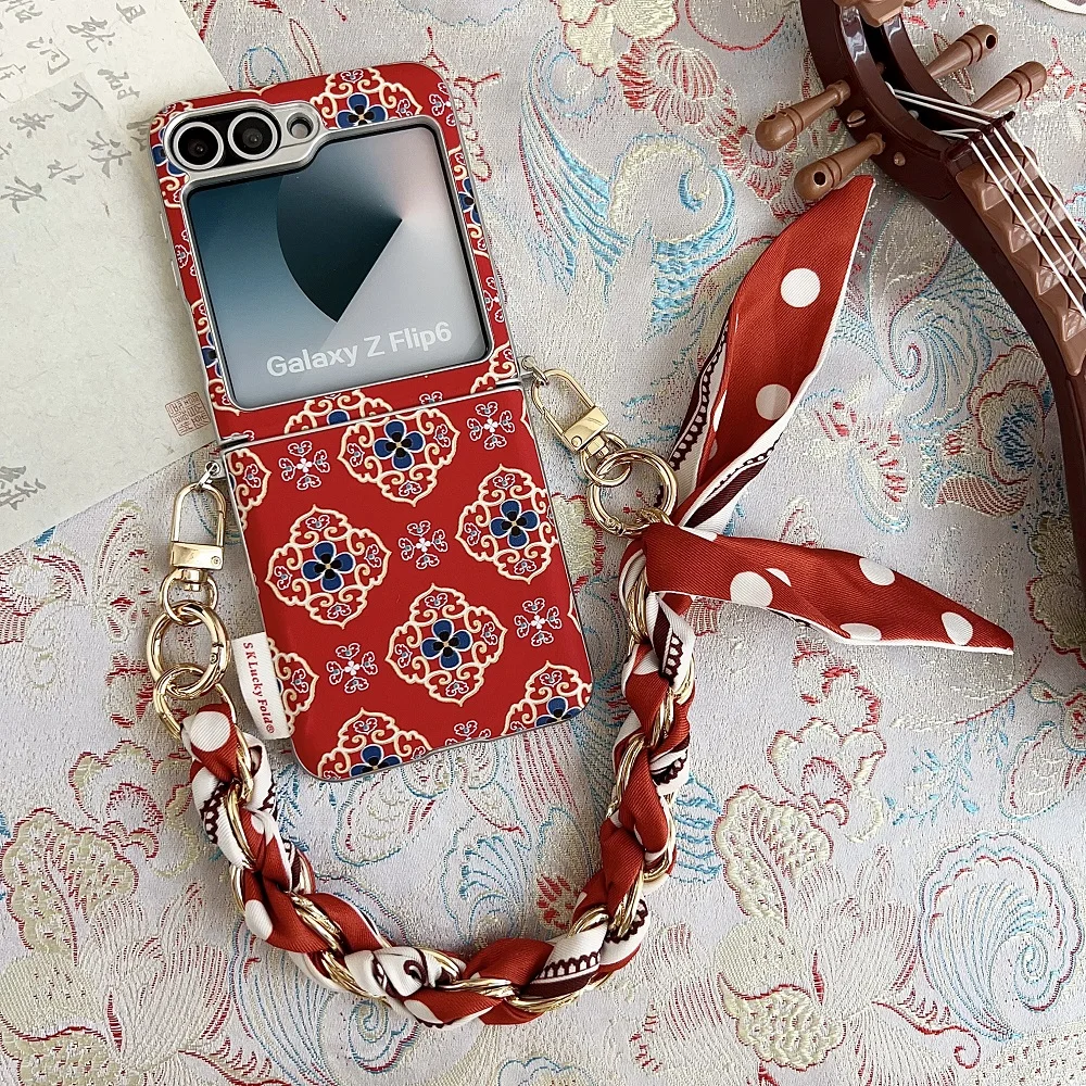 Luxury Embroidered Floral Phone Case with Ribbon Chain