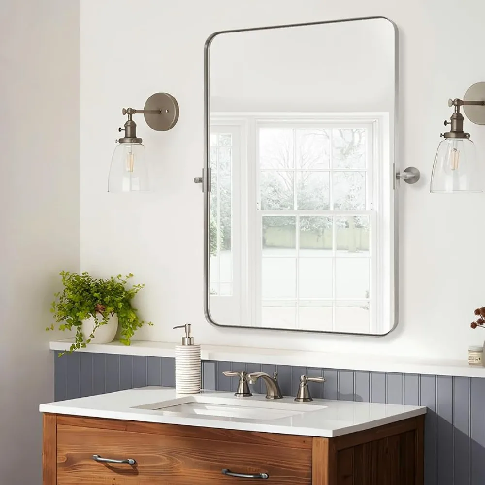 

28"x36" Brushed Nickel Pivot Bathroom Mirror, Silver Metal Framed Rounded Rectangular Wall Mirrors, Tilting Beveled Vanity