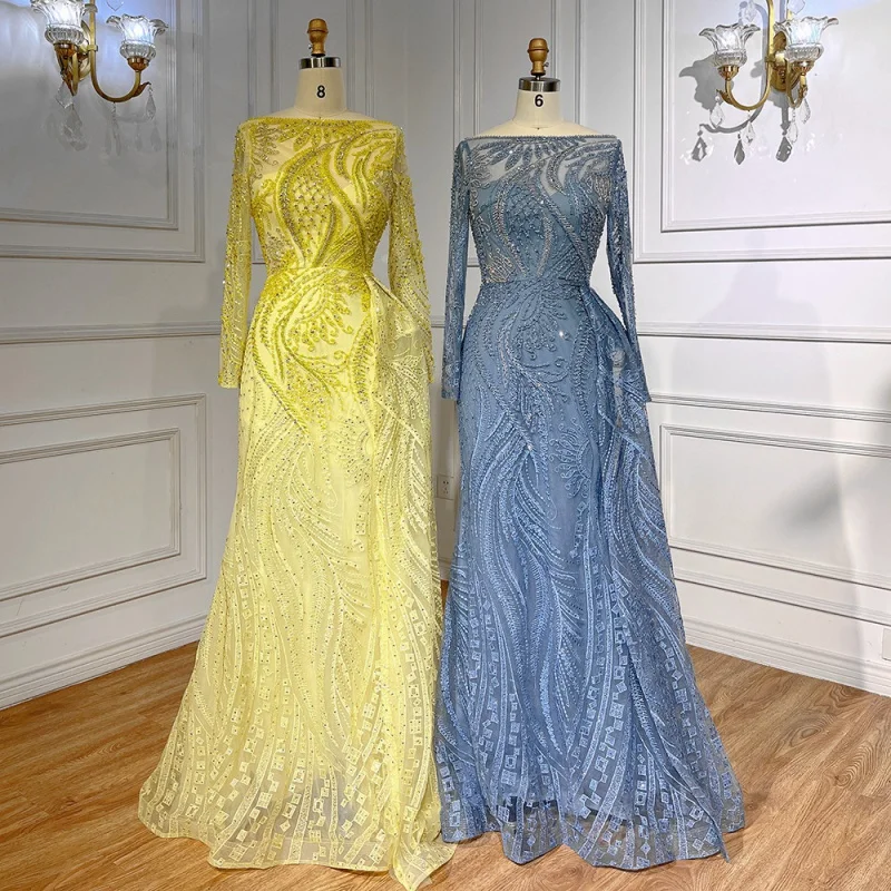 

Blue Mermaid Long Sleeves Over Skirt Evening Dresses Customized Best Price Beaded Yellow Party Gowns For Women