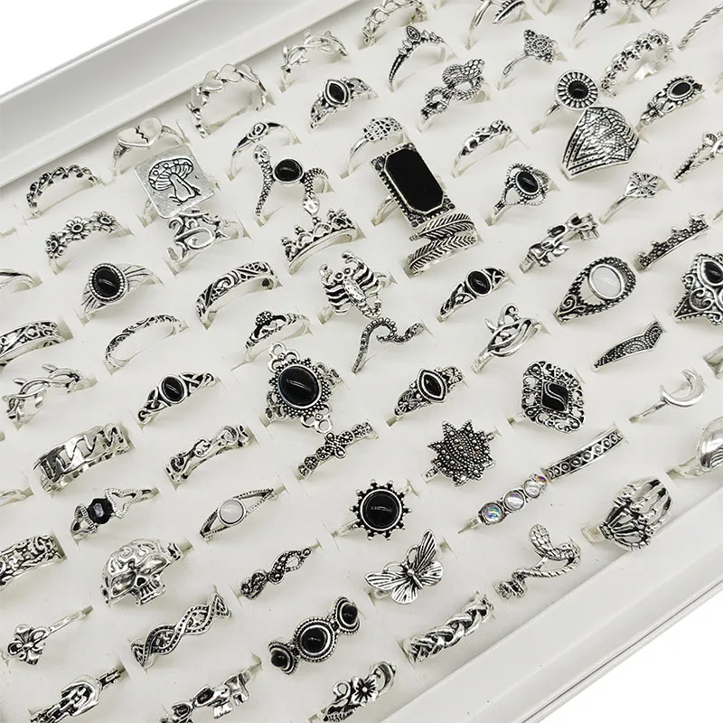 50 개/몫 파티에 대 한 도매 보헤미아 빈티지 여성 손가락 반지 블랙 아크릴에 나 멜 성격 보석 사랑 바 뱀 꽃