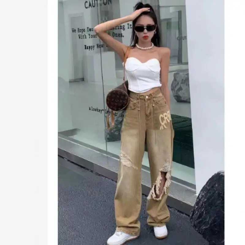 

New Fashion Hollow Hot Girl Design Sense Ripped Straight Jeans Women's High Waist Loose Thin All-match Floor Mopping Trousers