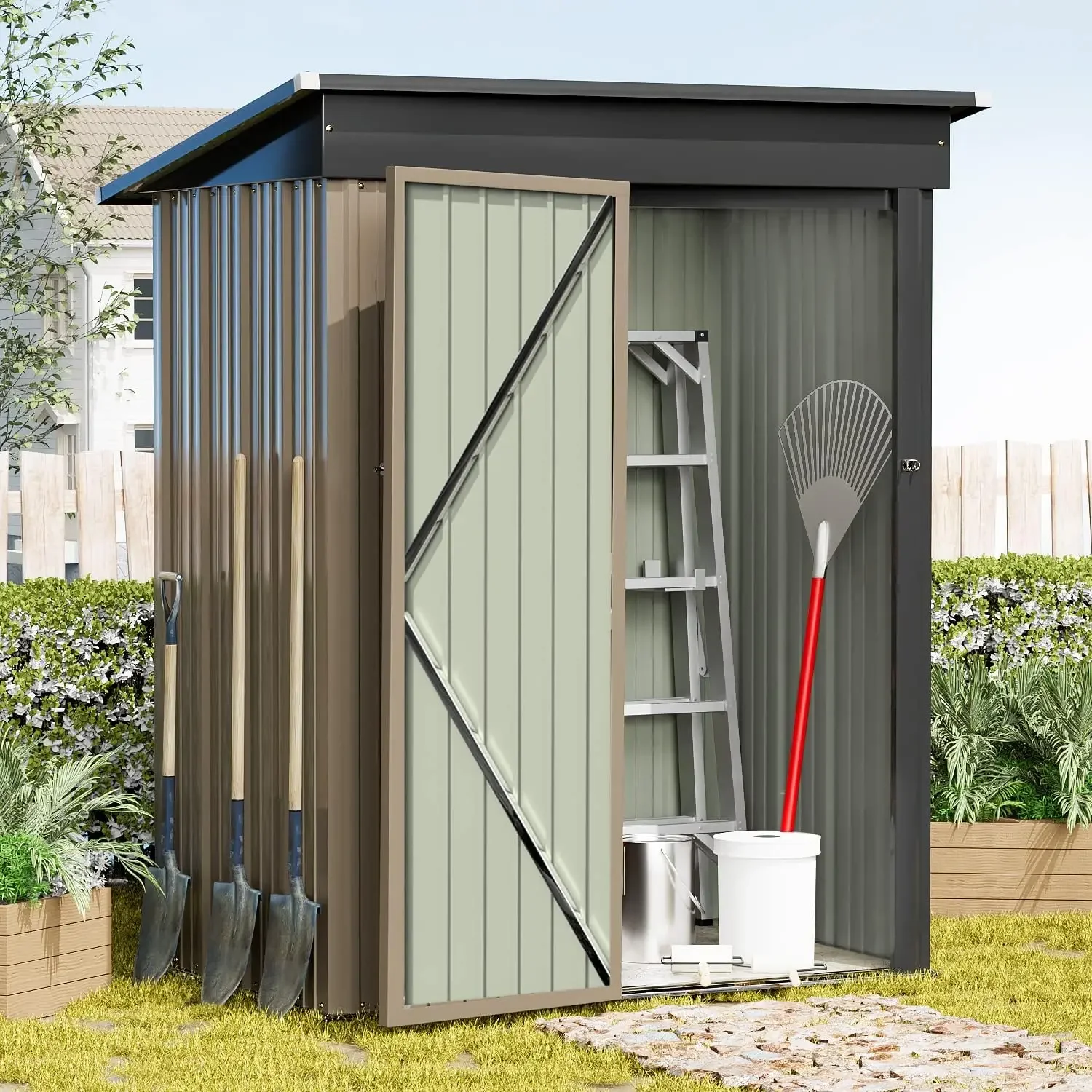 Description Picture 4 of itemStorage Shed Outdoor Garden Shelter Brown Steel Utility Tool Shed Storage House With Door & Lock Prefabricated Warehouse Sheds