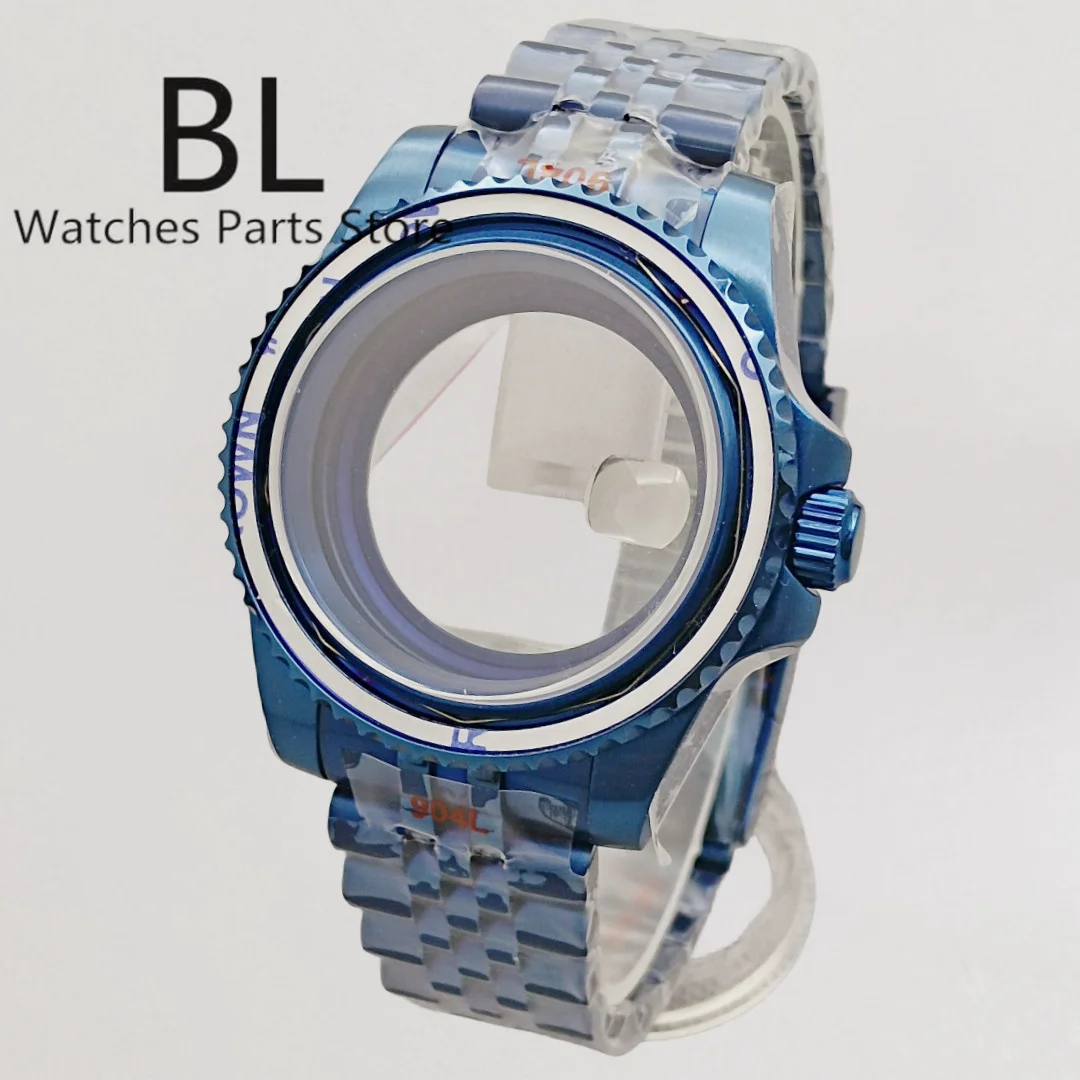 

BLIGER Blue Electroplated 40mm Watch Case Oyster/Jubilee Bracelet 120 Clicks Rotate Bezel Sapphire Glass Fit NH34 NH35 NH36 ETA