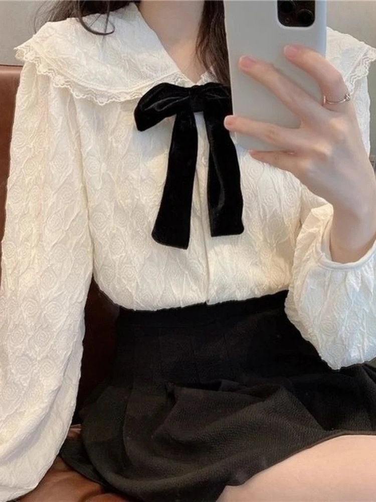 

Elegant Women Blouses Sweet Lace Edge Peter Pan Collar Cute Puff Long Sleeve Top Girly Spring Fashion French Casual Party Shirts