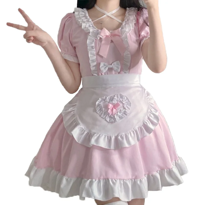 S-2XL Anime Lolita Dress Cafe Costumes Pink Maid Dress Lolita Sets Cosplay Maid Restaurant Cute Girl Kawaii Outfit