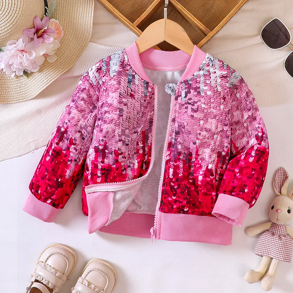 

2023 New Arrivals Spring Autumn Children Long Sleeve O Neck Sparkly Sequins Pink Child Girls Clothes Sweater Overcoat 5-8T