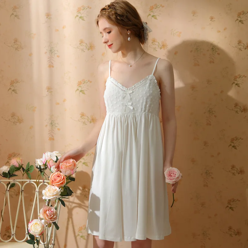 Women Summer Sleeveless Spaghetti Strap Night Dress Sexy V-neck Knee-Length  Nightie Loose Design White Cotton Nightdress 2023 - AliExpress