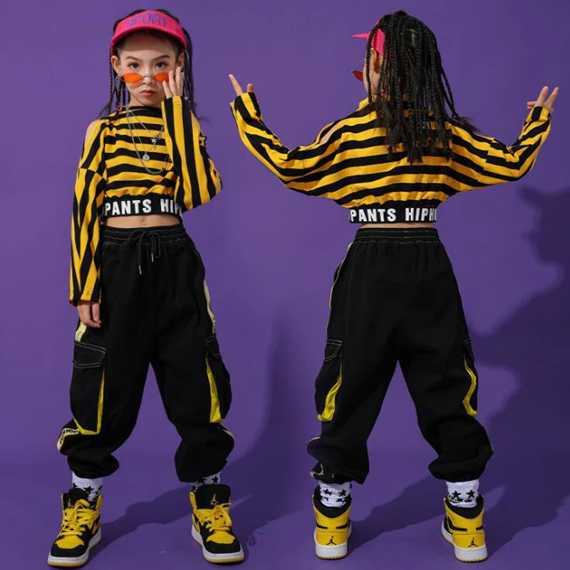 

Kids Performance Hip Hop dance Outfits stripe Sweatshirt Tactical Cargo Pants For Girls Jazz Dance Costume Clothes street Wear