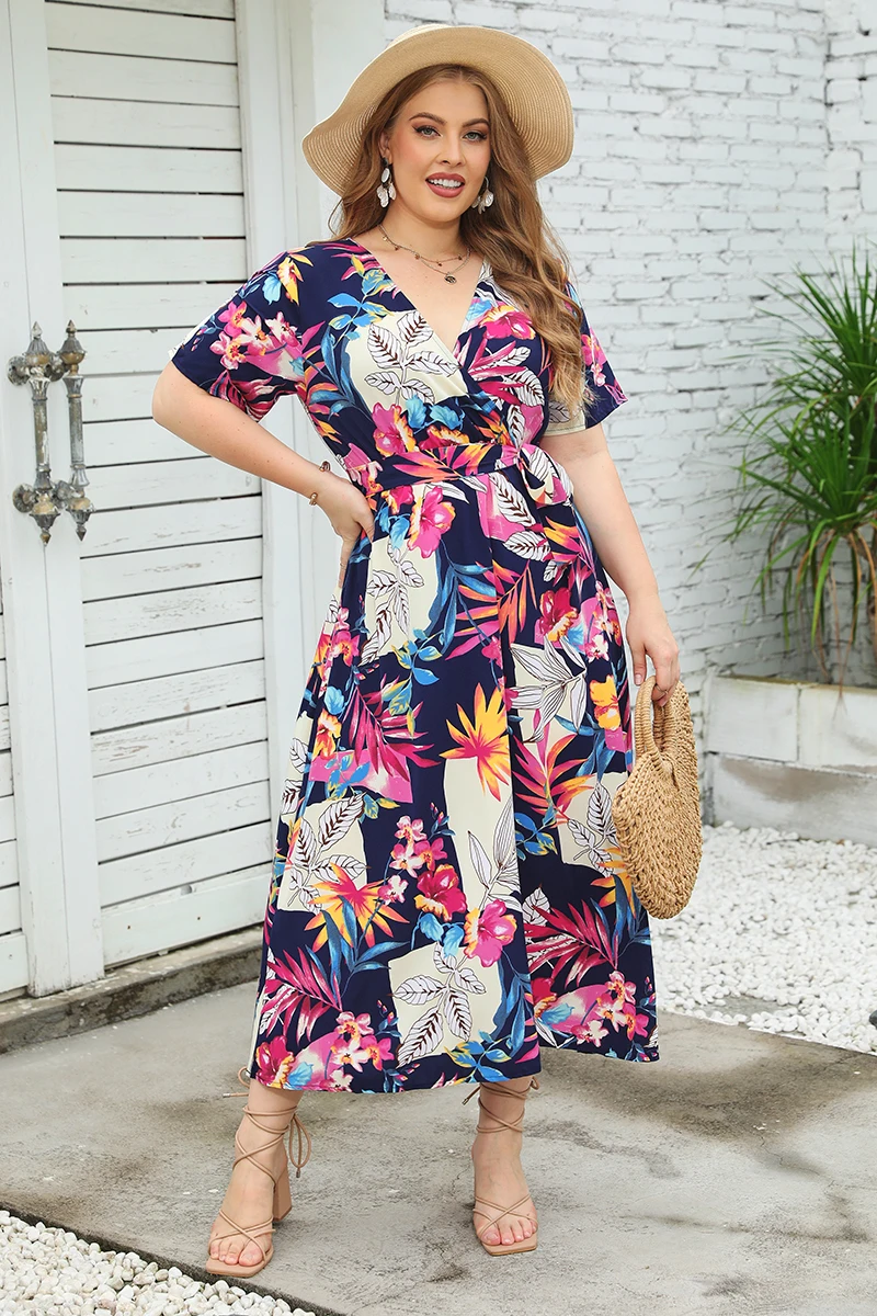 V Neck Wrap Plus Size Long Women Dresses Elegant Sexy Floral Bandage Beach Dress Short Sleeve Big Size Summer Dress Women 2024