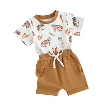 Toddler Boy Easter Shorts Outfit Bunny Carrot Print Short Sleeve T-Shirt with Elastic Waist Solid Shorts 2 Pieces Set