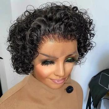 13x4 Pixie Cut Short Curly Human Hair Wigs Cheap 13x1 T Part Transparent Lace Wigs For Black Women Natural Hair Pre Plucked