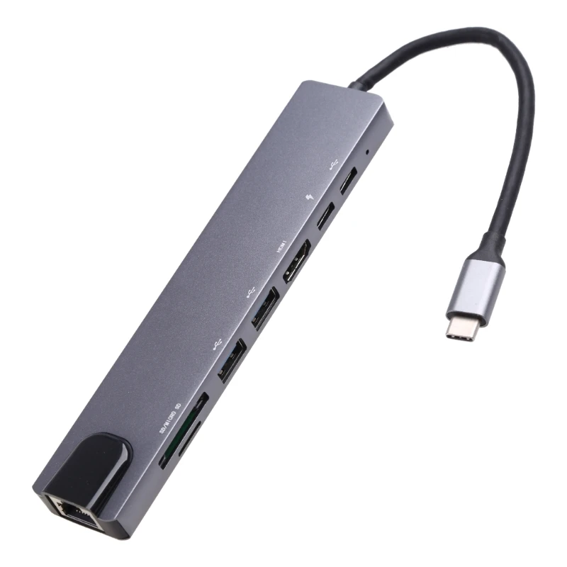 Usb C Hub 8 In 1 Aluminum Usb C Dock Station To 4K Hdmi-Compatible + Hdtv + Rj45 + Sd/Tf + Pd 87W Charge 8 Port Adapter