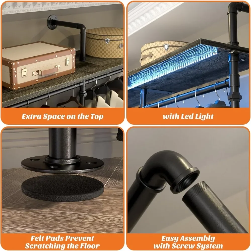 New2025-Industrial Pipe Clothing Rack, Reversible 79.7'' Clothes Rack for Hanging Clothes, Heavy Duty Garment Racks Closet Wardr