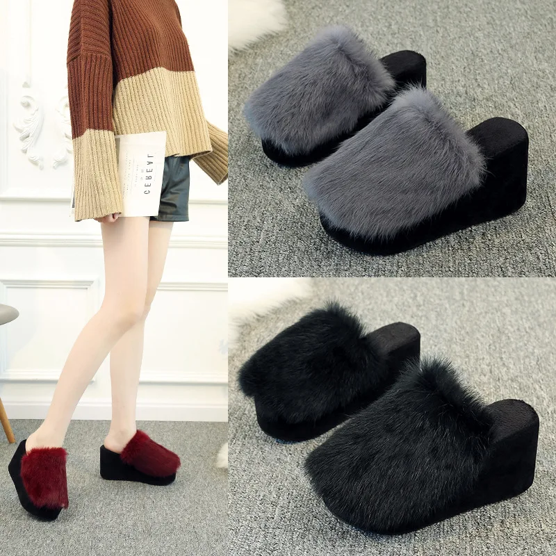 

35-42 large size woolen slippers 2024 autumn winter outside wear thick bottom warm cotton pantuflas wedges high-heeled slippers