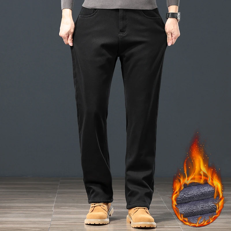 Winter Warm Fleece Men Jeans Loose Straight Thickened Velvet Trousers Black Classic Stretch Casual Thermal Pants Plus Size 28 44 4