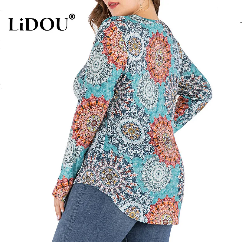 Spring Autumn Fashion Vintage Print Plus Size Lady T-shirt Simple Casual Oversized Top Woman Long Sleeve Elegant Female Clothes