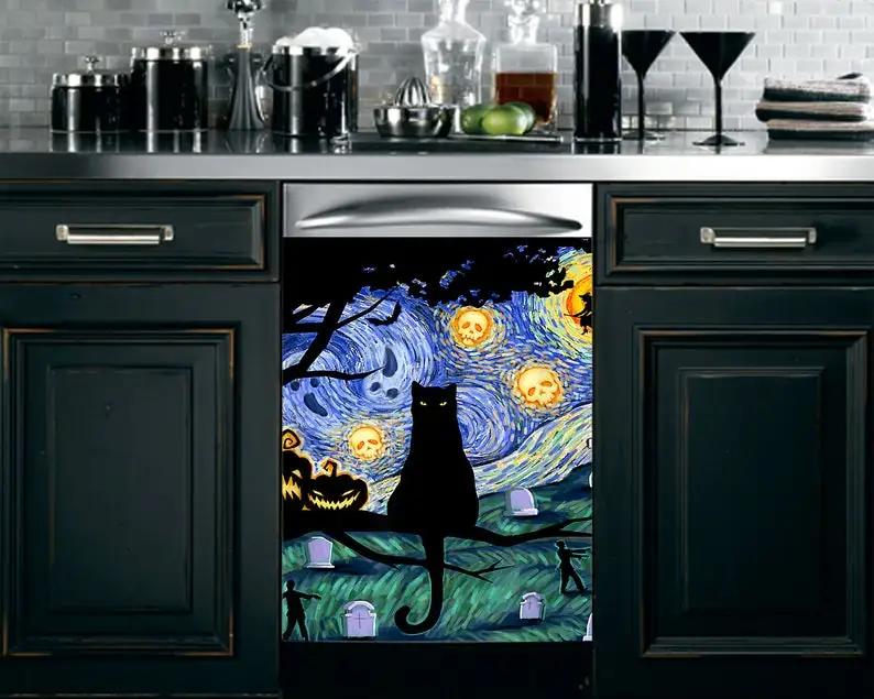 

Starry Night Black Cat Halloween Dishwasher Cover, Kitchen Decor, Halloween Gifts, Cat Halloween Vinyl Dishwasher Decal S
