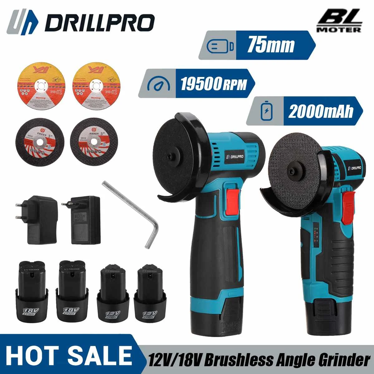 

Drillpro 12V/18V 75MM 19500Rpm Brushless Angle Grinder 2000mAh Lithium Battery Cordless Mini Polishing Machine Diamond Cutting