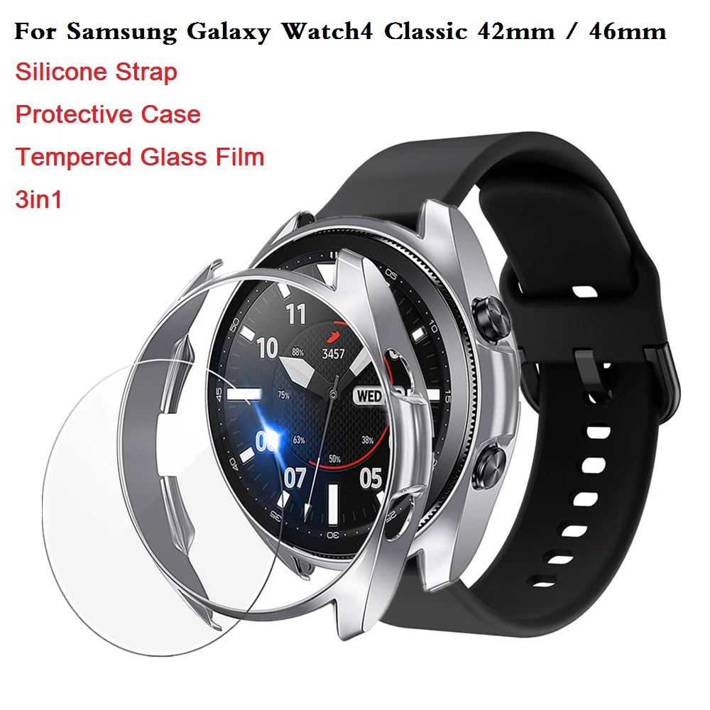 

3in1 Strap + Case + Film For Samsung Galaxy Watch4 Classic 42mm 46mm Smartwatch Accessories Silicone Band Bumper Tempered Glass