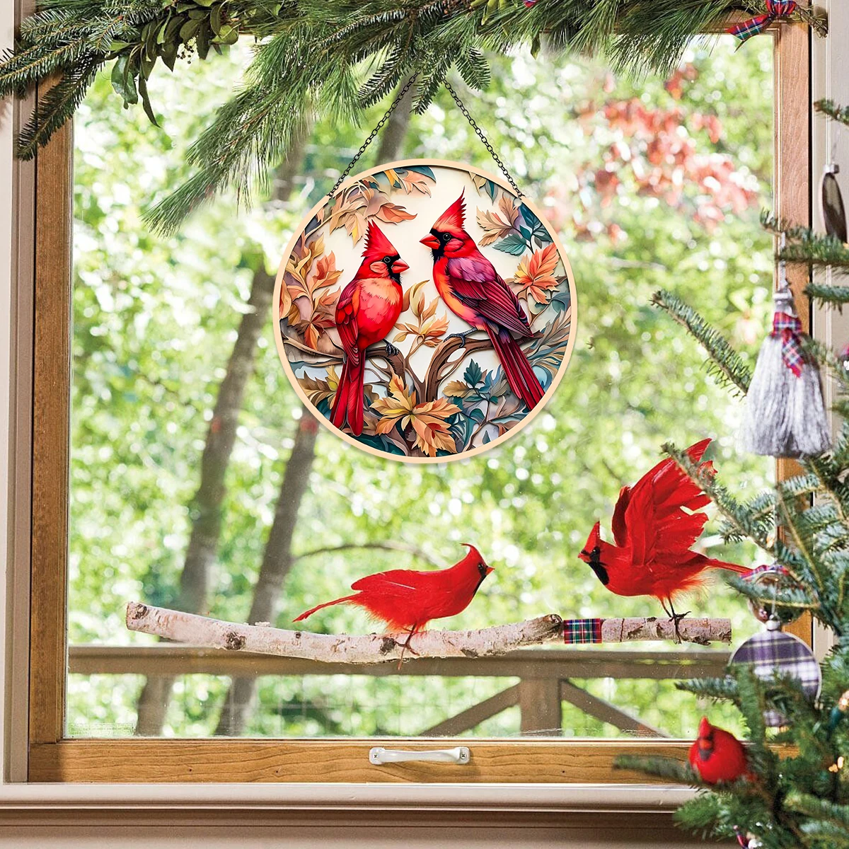 1PC, round red bird window sunshade, high-density acrylic material hanging decoration, home decoration, garden decoration