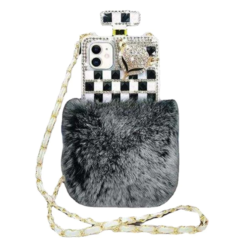 Luxury Bling Diamond Fur Perfume Bottle Cover, Mobile Phone Case for iPhone 7, 8 Plus, X Max, 11, 12, 13, 14, 15 Pro Max