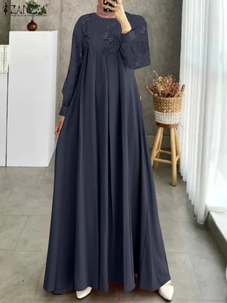Zanzea Elegante Moda Donna Manica Lunga Solido Ramadan Turchia Prendisole Casual Caftano Vestido Pizzo Patchwork Maxi Abito Musulmano
