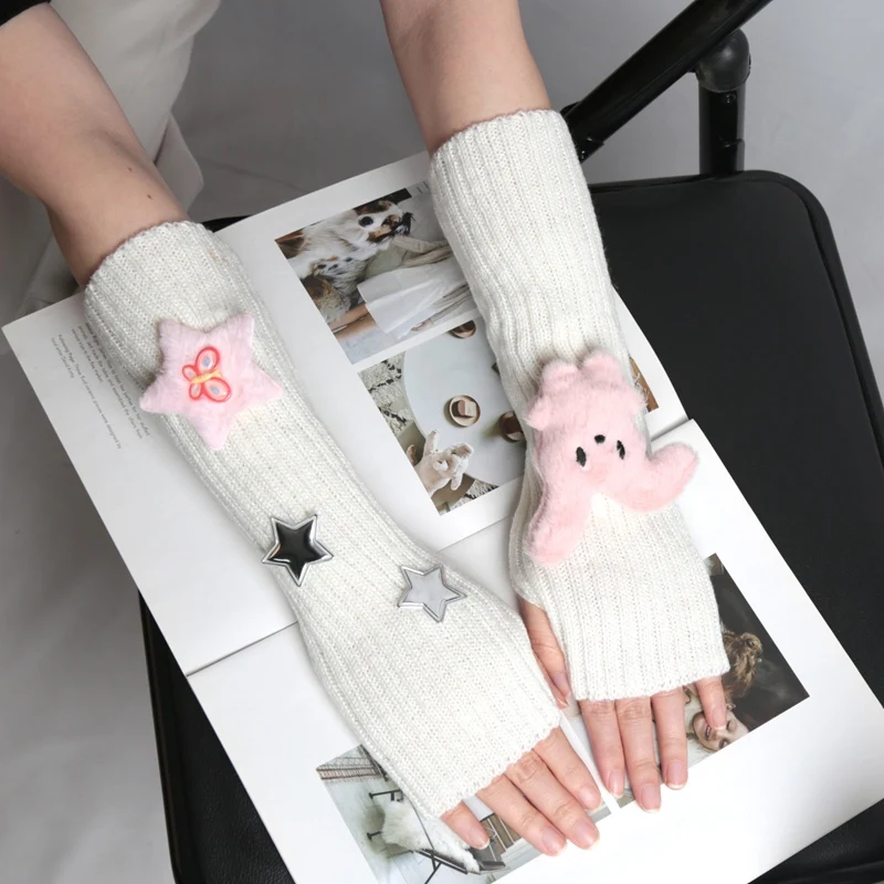 1 Pair of Girls Cute Fingerless Gloves with Star Decoration Fashionable Accessory Gloves Casual Long Wrist Punk Gothic Gloves