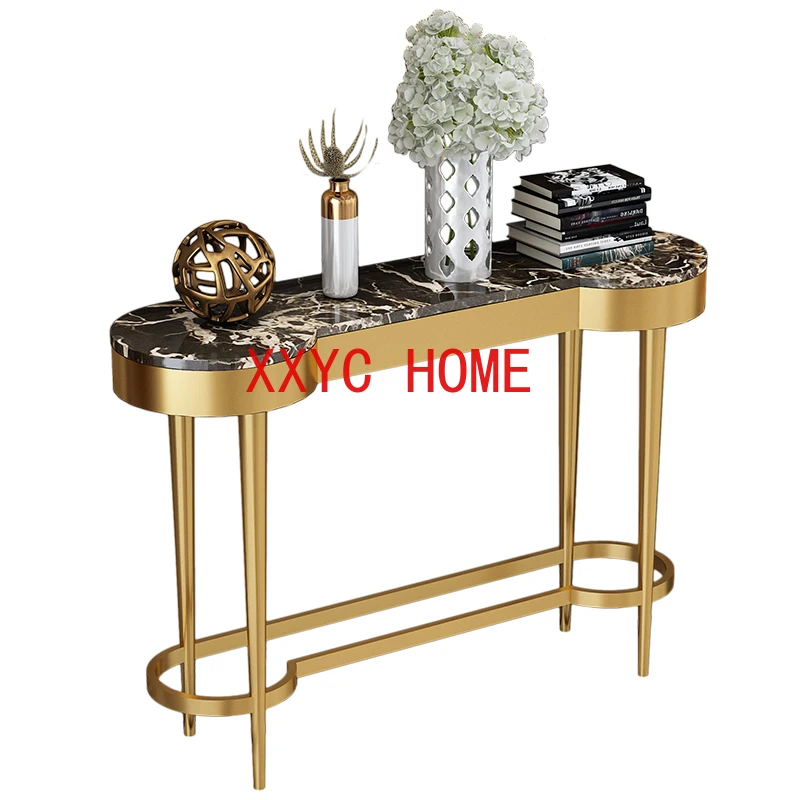 

Light Luxury Stainless Steel Narrow Entrance Cabinet Arc Marble Art Corridor Foyer